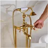 Bathtub Faucets Uythner Gold Floor Mounted Tub Sink Faucet Dual Handle Bathroom Bath Shower Set Standing Mixer Tap With Handshower D Dhkh4