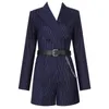 Women's Jumpsuits & Rompers Fashion Navy Blue Long Sleeve Striped With Belt Playsuit Celebrity Party PlaysuitWomen's