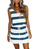 Work Dresses Women Summer Striped Drawstring Patchwork Pocket Dress Sleeveless Tank Casual Sexy Loose Mini