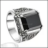 Solitaire ringringen voor mannen retro klassiek Thai sier Dark So Imitation Black Agate Open Trend Fourclaw edelsteen heren sieraden Luckyha Dh1HQ