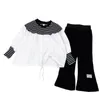 Clothing Sets Girls Korean Style Striped Patchwork Top Flared Pants Twopiece Set Fashion Clothes Baby Boutique Wholesale 230203