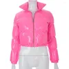 女性のトレンチコートファッションかわいい女性明るいPUピンクのパフジャケット2023冬の温かい泡スキニーレザーパーカージッパークロップドジャケット