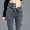 Jeans feminino inverno espesso mulheres mulheres altas cintura magra lã simples lã quente fit slim drenies ladies casuais mamãe calça lápis 230202