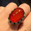 Solitaire Anneau Natural Chalcedony Positif Red Oval grand œuf Fe Anneau ouverture chinoise réglable Jewames Retro Ladies Peculiar Y2302