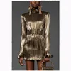 Lässige Kleider HIGH STREET Est Fashion 2023 Runway Designer Damen Sparkle Gold Langarm-Plissee-Partykleid mit Gürtel