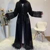 Ethnic Clothing Robe Femme Musulmane Cardigan Middle East Pärled Lace Pocket Arab Muslim Fashion Abaya Kimono Dubai Turkiet Bälte