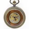Pocket Watches Vintage Wood Circle esculpido Dial Watch Mechanical Men Unique Hollow Steampunk Bronze Wind Hand Wind