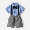 衣料品セットファッション幼児の男の子コットン格子縞の半袖シャツサスペンダーショーツベビージェントルマン2PCSスーツ