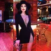Casual Dresses 2023 Ladies Dress Shiny Crystal Cutout Fishnet Design Långärmad spets svart sexig mini