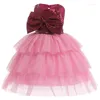 Girl Dresses Girls 'Dress 2023 Children's Big Bow paljetter Julfest Performance Mesh Cake Princess