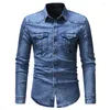 Men's Casual Shirts 2023 Autumn Men's Denim Shirt Fashion Pleated Design Slim Long-sleeved Cotton Single-breasted Black Blue