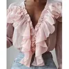 Womens Blouses Shirts Summer Women Elegant Chiffon Shirt Female Stylish Flounce Top Solid Color VNeck Sun protection longsleeved fairy Blouse 230203