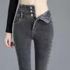 Jeans feminino inverno espesso mulheres mulheres altas cintura magra lã simples lã quente fit slim drenies ladies casuais mamãe calça lápis 230202