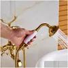 Bathtub Faucets Uythner Gold Floor Mounted Tub Sink Faucet Dual Handle Bathroom Bath Shower Set Standing Mixer Tap With Handshower D Dhkh4