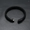 Armreif, modisch, schwarz, echtes Leder, Titan, Edelstahl, Magnetverschluss, Charm, Unisex-Armbänder, Schmuck