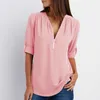 Women's Blouses Shirts S-5XL Ladies Loose Chiffon Shirt Multi Colors V-Neck Zipper Long-Sleeved Casual Basic White Black Blouse Shirt Tops Plus Size 230203