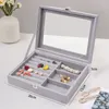 Förvaringslådor Big Velvet Gray Bärande fodral med glasomslagsmycken Ring Display Box Tray Holder Organizer örhängen armband