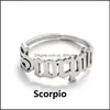 Band Rings Adjustable Stainless Steel 12 Constellations Letter Ring For Woman Opening Wedding Zodiac Finger Birthday Jewelry Gift Dr Otzhk