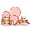 Plates Pink With Gold Inlay Ceramic Set Nordic Style Serving Dishes For Dinner Luxurious Porcelain Dinnerware