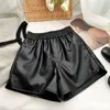 Women's Shorts KUSAHIKI PU Leather Elastic High Waist Wide Leg Women 2022 Autumn Winter New Bottoms Korean Causal Fashion Short Y2302