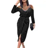 Casual Dresses Women Spring Elegant Party Lace Hollow Dress Solid Sexy Office Lady Slit Black Long Sleeve Off Shoulder Autumn