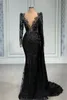 Vintage Black Lace Mermaid Evening Dresses with White Beads Sheer Deep V neck Long Sleeve Appliques Occasion Party Gowns Prom Vestidos BC14999