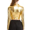 Women's T-Shirt Womens Metallic Shiny Long Sleeve Crop Top Ladies Fashion Glossy Solid Color Mock Neck T-shirt Club Pole Dance Rave Bar Costume 230202