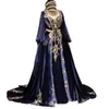 Elegante árabe marroquí Kaftan Vestidos de noche Manga larga de linterna Escote corazón Satén azul marino oscuro Ocasión formal Vestidos de fiesta Una línea Dubai Abaya Mujeres Vestido de fiesta