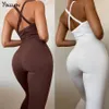 Kvinnors jumpsuits Rompers Yiallen Autumn Sticked Low Cut Fitness Jumpsuits Women Classic Solid Casual Sporty Wear Sleeveless Back Criss Cross Rompers 230203