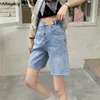 Kvinnors shorts kvinnor denim blå sommar asymmetrisk knä längd orolig hög midja raka avslappnade tonåringar streetwear koreansk stilig bf