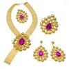 Collana Orecchini Set 2023 Est Gioielli Brasile Colore oro Donna Lusso Rosso Pietra artificiale Grande anello Banchetto di nozze H20012