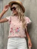 Women's Blouses Shirts FANIECES Y2K Print Lace Short Sleeved Chiffon Shirt Vintage Office Lady Blouses V Neck Elegant Fashion Top Women Female Clothing 230204