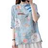 Ethnic Clothing LZJN Women Mori Girl Casual Retro Floral Printed Blouse Cotton Linen Loose Summer Shirts