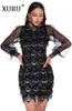 カジュアルドレスXuruヨーロッパとアメリカの女性のフリンジドレス刺繍スパンコンセクシーなメッシュ長袖