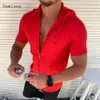 Camisetas masculinas moda moda longa/curta com capuz zíper camiseta masculina roupa verão cor sólida cor casual estampa aberta de pegada de camiseta fina 230204