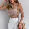 Kvinnors blusar Elegant Diamond Sparkle Sheer Pearl Blus Shirts Women 2023 Summer Sexy See Through Tops Night Club Party Mesh Blusas