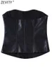 Chemises de chemisiers pour femmes Zevity Femmes sexy sans bretelles Style Corset Pu Leather Blouse Femme Summer Backle Up Short Smock Shirt Chic Crop Blusas Tops LS2562 230204