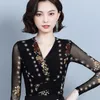 Ethnic Clothing 2023 Chinese Harajuku Tops V-neck National Flower Print Women Base Shirt Traditional Style Mesh T-shirt