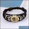 Charm Bracelets 12 Constellations Genuine Leather Men S Zodiac Vintage Braided Rope Wrap Adjustable Bangle For Women Punk Diy Jewelr Otc4M