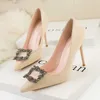Dress Shoes Women's shoes Fashion sexy thin high heels stiletto shallow pointed toe rhinestone square buckle high-heeled shoes G230130