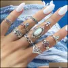 Anelli a grappolo Bohemian Antique Sier Set geometrico per le donne Retro Starry Star Lotus Charm Midi Knuckle Finger Ring Ladies Boho Jewel Otzk1