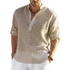 T-shirt da uomo in cotone e lino camicetta da uomo casual colletto alla coreana manica lunga camicia allentata top moda maschile tinta unita con scollo a V t-shirt 230203