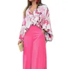 Work Dresses Flower Print Casual Two Piece Set Women Outifits Loose Fashion Long Shirt High Waist Wide Leg Pants Oversize Tracksuit 2023