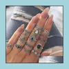 Pierścienie klastra 9 Style Czech Midi Knuckle Finger Zestaw dla kobiet Vintage Retro Sier Lotus Flower Crowncrystal Pierścień Geometryczny Kobieta otufi