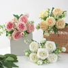 장식용 꽃 1 번들 로즈 모란 꽃다발 Fleur Artificielle 웨딩 중심 장식 장식 실크 인공 홈 디너 테이블