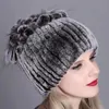 Beanies Beanie/Skull Caps Winter Women Fashion Real Rex Fur Hats with Silver Ladies女性