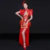 Kinesisk scenkläder Ethnic Suit Drumming Costume Classical Dance Performance Clothing Femater Dance Cheongsam Fan Dance Wear248J