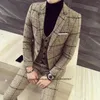 Herrdräkter Fashion Casual Plaid Mens Formal Business Blazer Wedding Groom Tuxedo 3 Piece Set Costum Homme (Jacket Vest Pants)