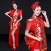 Vestuário de palco chinês Fato étnico Percussão Traje de performance de dança clássica Feminino Dança moderna Cheongsam Fan Dance Wear248j