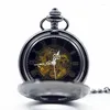 Montres De Poche Rétro Antique Noir Steampunk Main Vent Montre Mécanique Hommes Collier Fob PJX1216